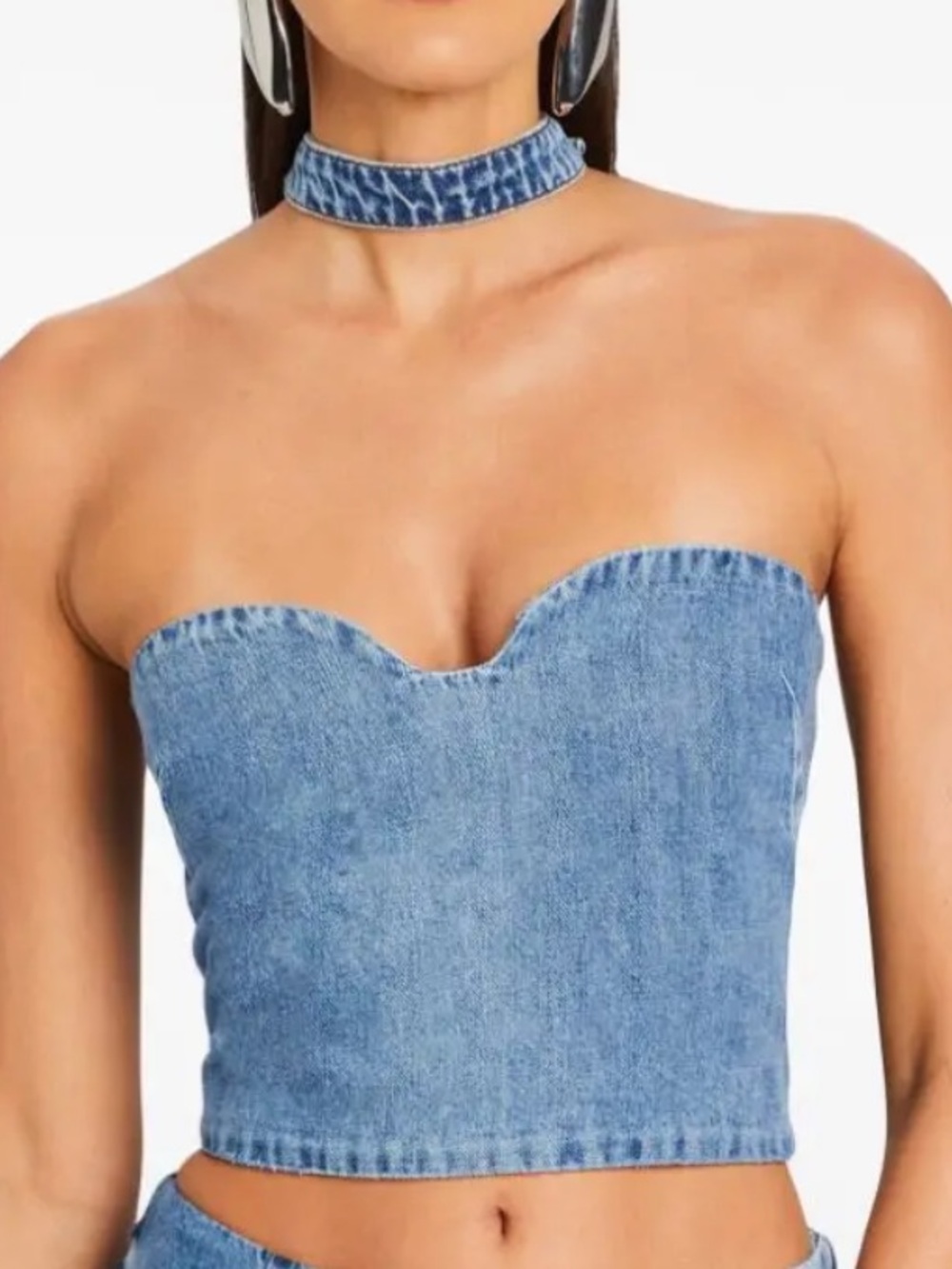 Retrofete Rory Denim Cropped Top Blue Jean Zip Back Strapless Collar Medium M